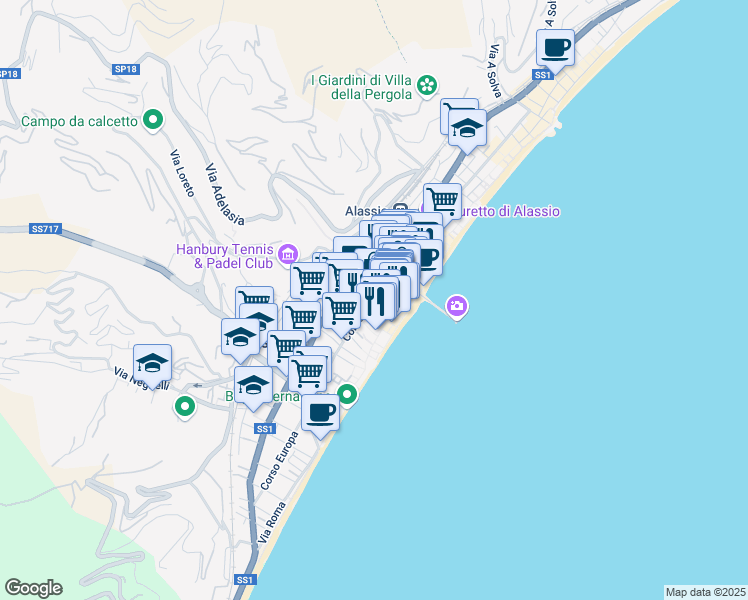 map of restaurants, bars, coffee shops, grocery stores, and more near 14 Via Alessandro Volta in Alassio