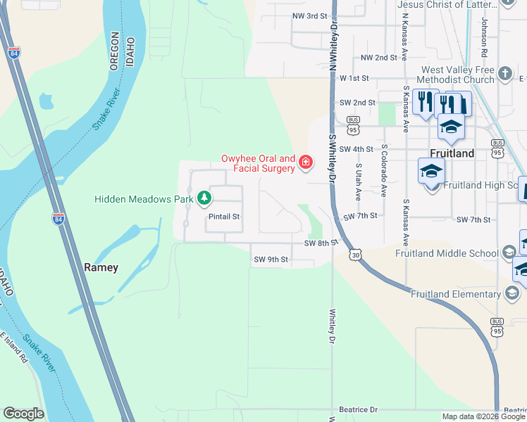map of restaurants, bars, coffee shops, grocery stores, and more near 604 Cornwall Way in Fruitland