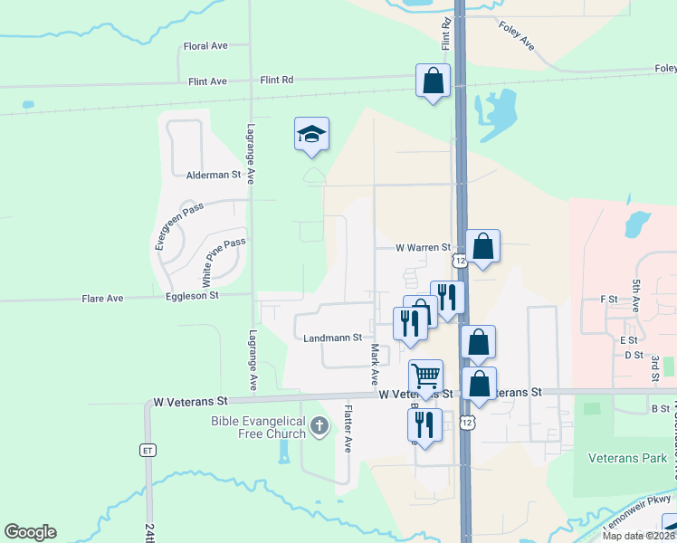 map of restaurants, bars, coffee shops, grocery stores, and more near 1230 Balsam Avenue in Tomah