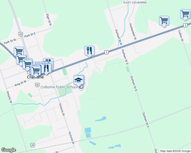 map of restaurants, bars, coffee shops, grocery stores, and more near 9 Lillys Court in Colborne