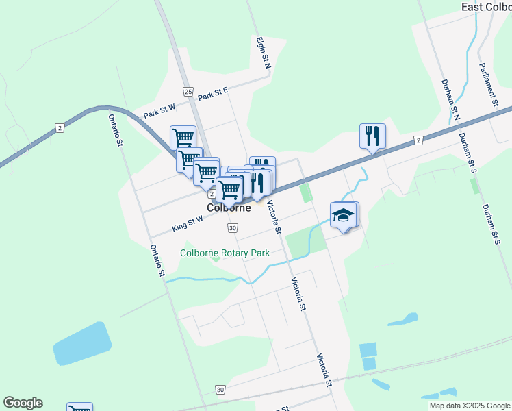 map of restaurants, bars, coffee shops, grocery stores, and more near 48 King Street East in Colborne