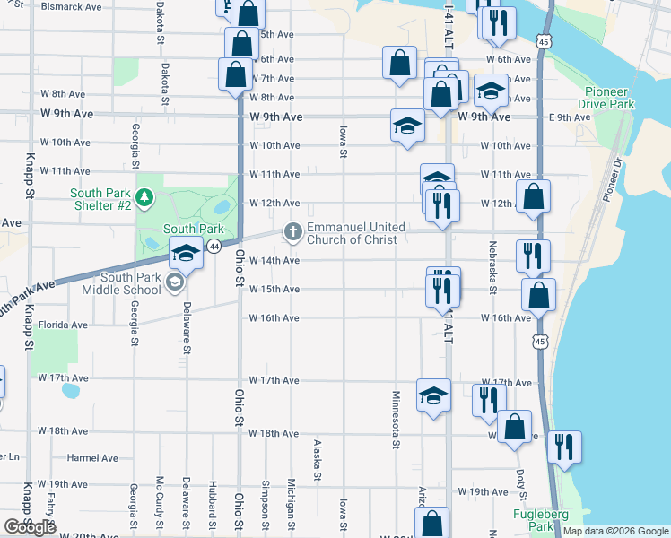 map of restaurants, bars, coffee shops, grocery stores, and more near 426 West 14th Avenue in Oshkosh
