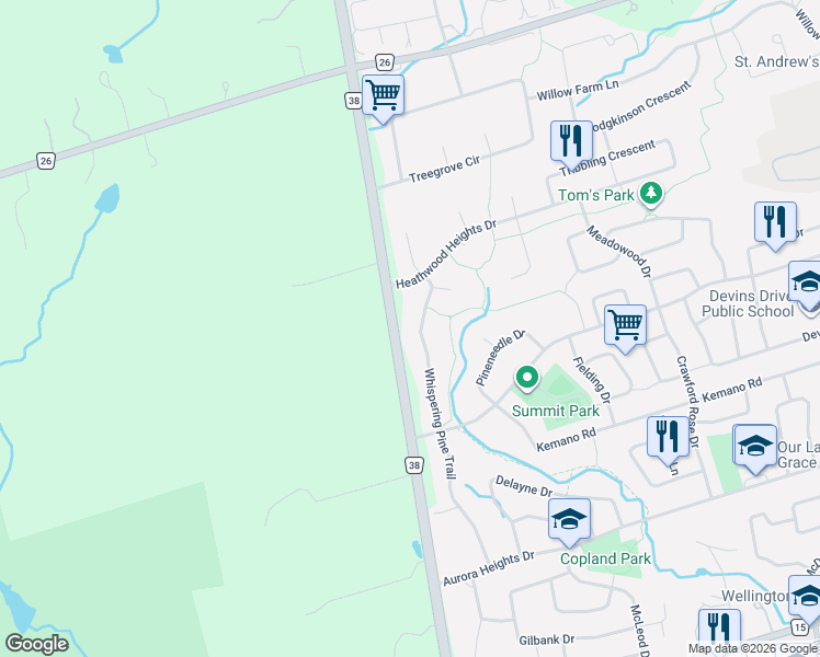 map of restaurants, bars, coffee shops, grocery stores, and more near 111 Whispering Pine Trail in Aurora