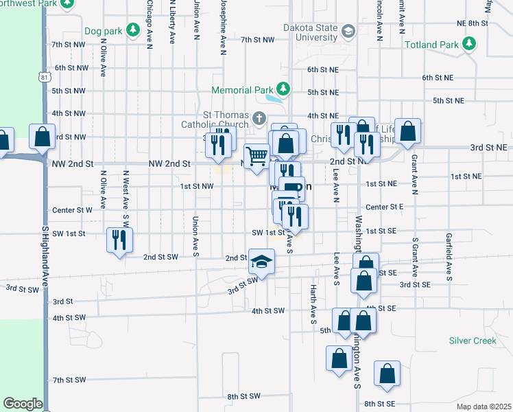 map of restaurants, bars, coffee shops, grocery stores, and more near 210 Center Street West in Madison