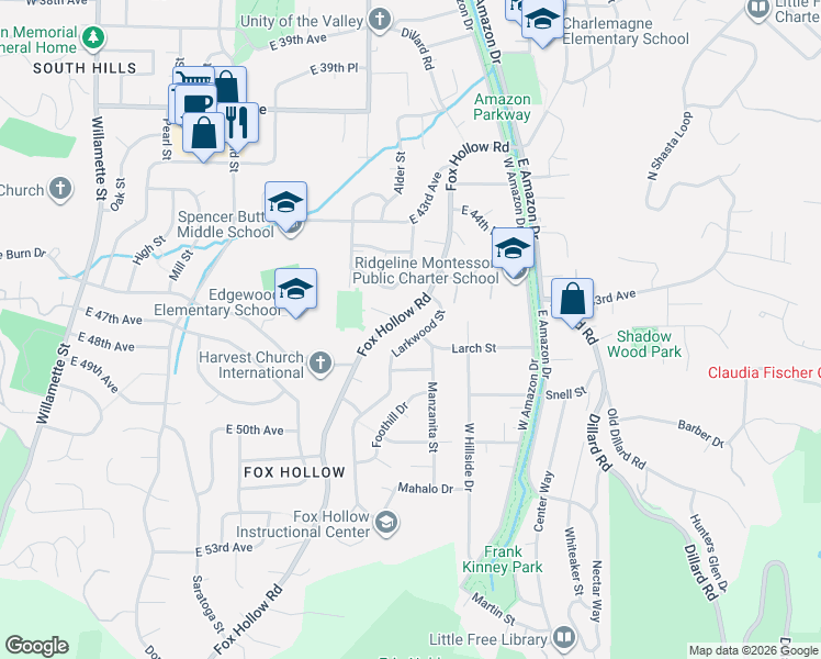 map of restaurants, bars, coffee shops, grocery stores, and more near 4540 Fox Hollow Road in Eugene