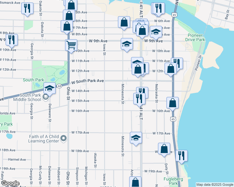 map of restaurants, bars, coffee shops, grocery stores, and more near 333 West 14th Avenue in Oshkosh