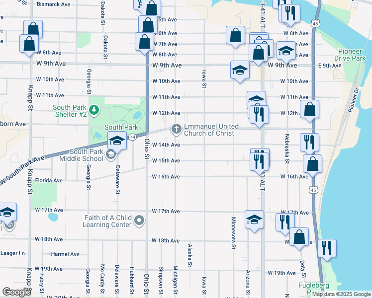 map of restaurants, bars, coffee shops, grocery stores, and more near 447 West 14th Avenue in Oshkosh