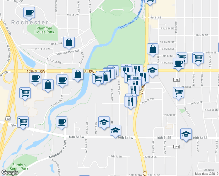 map of restaurants, bars, coffee shops, grocery stores, and more near 420 Crossroads Drive in Rochester