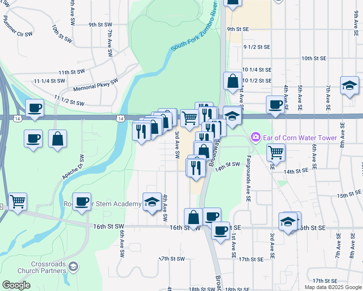 map of restaurants, bars, coffee shops, grocery stores, and more near 1201 S Broadway in Rochester