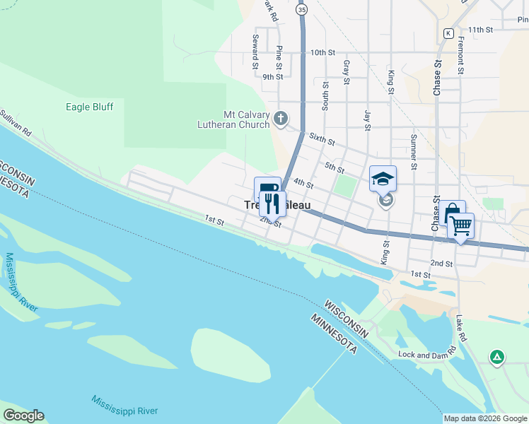 map of restaurants, bars, coffee shops, grocery stores, and more near 24585 3rd Street in Trempealeau