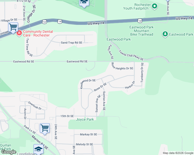 map of restaurants, bars, coffee shops, grocery stores, and more near 2881 Knollwood Drive Southeast in Rochester