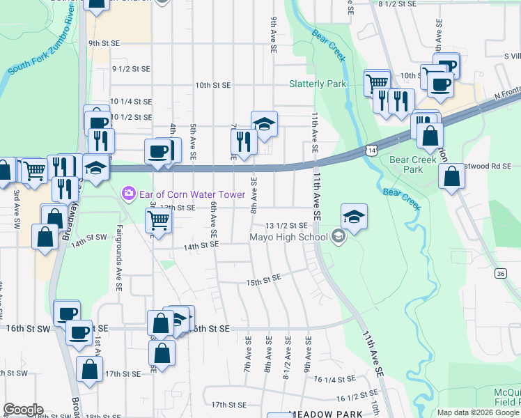 map of restaurants, bars, coffee shops, grocery stores, and more near 1253 8th Avenue Southeast in Rochester