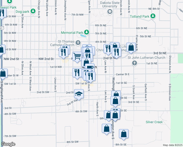 map of restaurants, bars, coffee shops, grocery stores, and more near 110 Center Street East in Madison