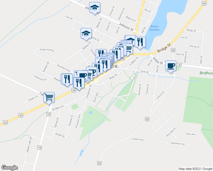 map of restaurants, bars, coffee shops, grocery stores, and more near 10 Bowery Street in Prince Edward