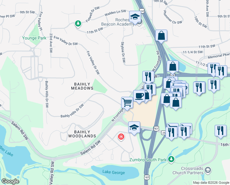map of restaurants, bars, coffee shops, grocery stores, and more near 1721 Fox Valley Drive Southwest in Rochester
