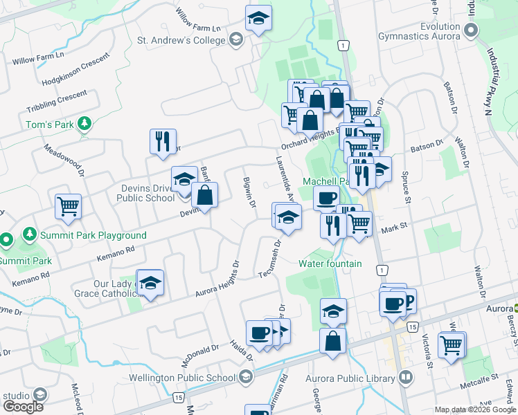 map of restaurants, bars, coffee shops, grocery stores, and more near 5 Bigwin Drive in Aurora