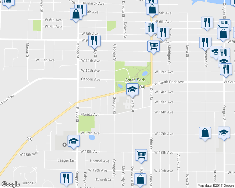 map of restaurants, bars, coffee shops, grocery stores, and more near 755 West South Park Avenue in Oshkosh