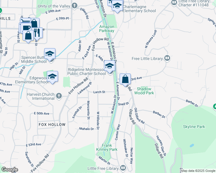 map of restaurants, bars, coffee shops, grocery stores, and more near 4550 West Amazon Drive in Eugene