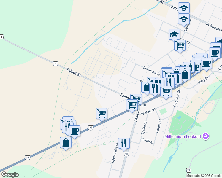map of restaurants, bars, coffee shops, grocery stores, and more near 38 Talbot Street in Prince Edward
