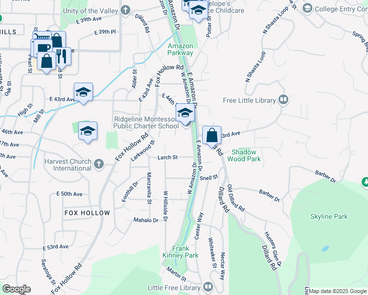 map of restaurants, bars, coffee shops, grocery stores, and more near 4550 West Amazon Drive in Eugene