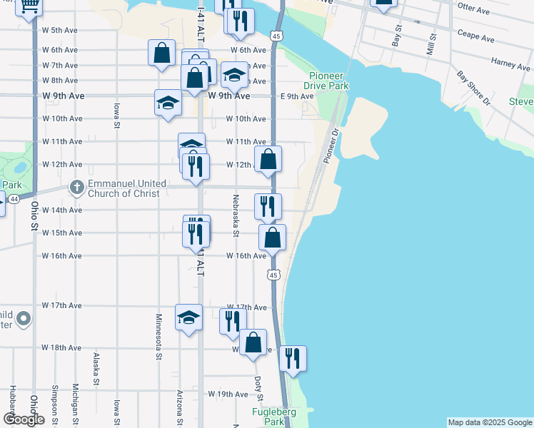 map of restaurants, bars, coffee shops, grocery stores, and more near 17 West 14th Avenue in Oshkosh