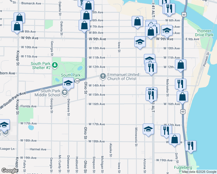 map of restaurants, bars, coffee shops, grocery stores, and more near 442 West 14th Avenue in Oshkosh