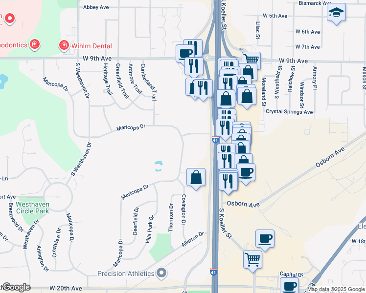 map of restaurants, bars, coffee shops, grocery stores, and more near 1405 Maricopa Drive in Oshkosh