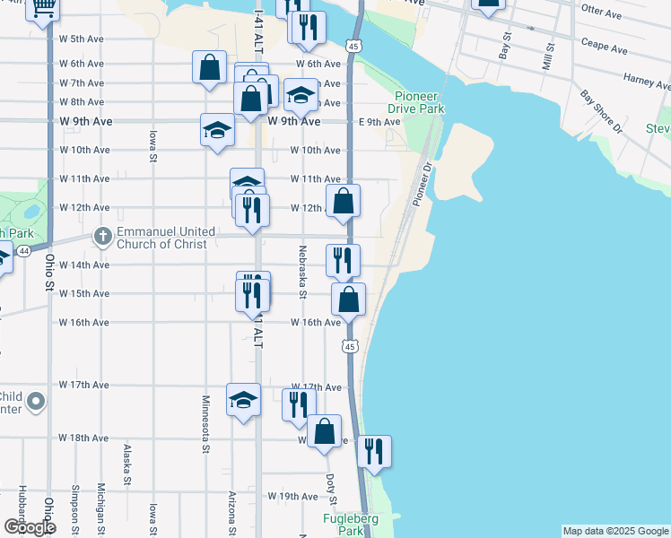 map of restaurants, bars, coffee shops, grocery stores, and more near 17 West 14th Avenue in Oshkosh