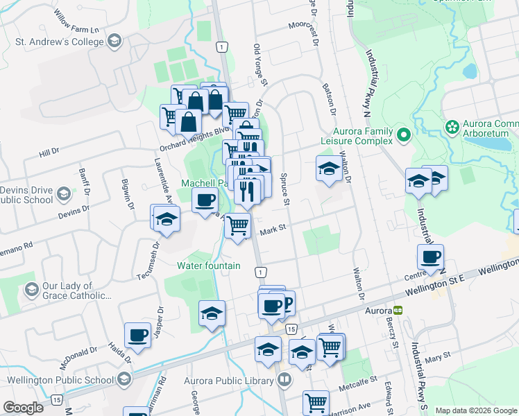 map of restaurants, bars, coffee shops, grocery stores, and more near 15461 Yonge Street in Aurora