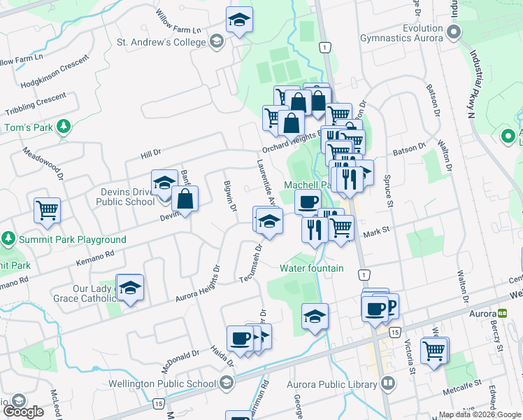 map of restaurants, bars, coffee shops, grocery stores, and more near 3 Cabot Court in Aurora