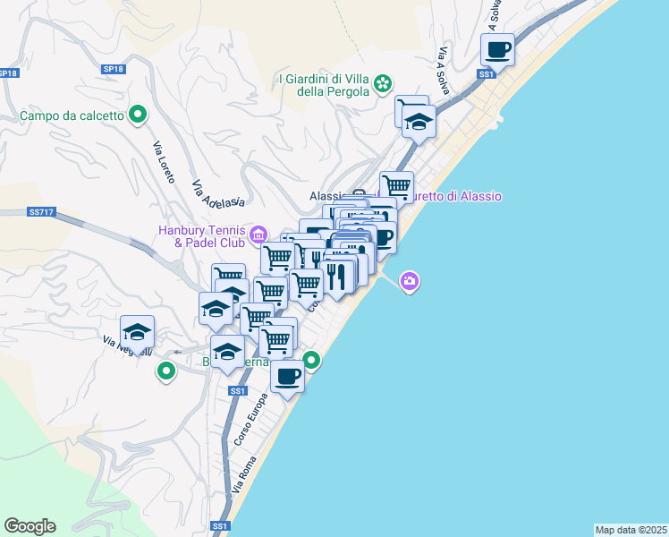 map of restaurants, bars, coffee shops, grocery stores, and more near 14 Via Alessandro Volta in Alassio