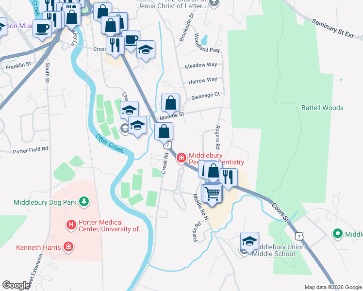 map of restaurants, bars, coffee shops, grocery stores, and more near 103 Court Street in Middlebury