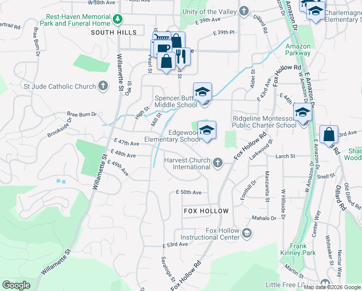 map of restaurants, bars, coffee shops, grocery stores, and more near 480 East 46th Avenue in Eugene