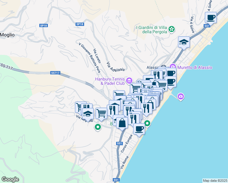 map of restaurants, bars, coffee shops, grocery stores, and more near 18 Regione San Rocco in Alassio