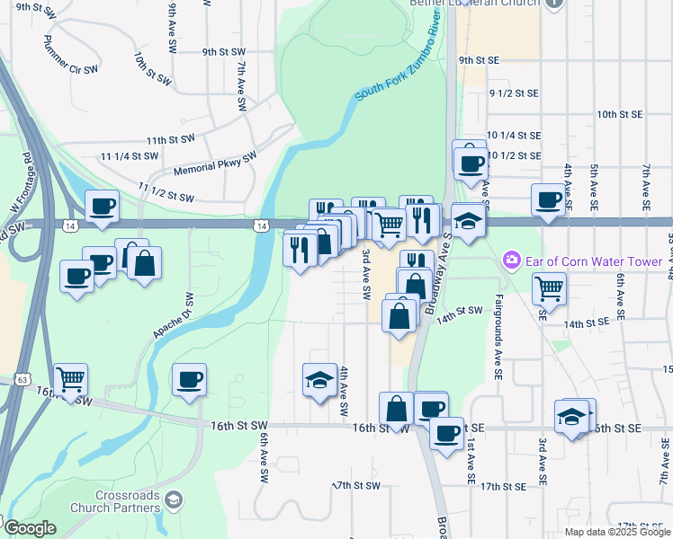 map of restaurants, bars, coffee shops, grocery stores, and more near 420 Crossroads Drive in Rochester