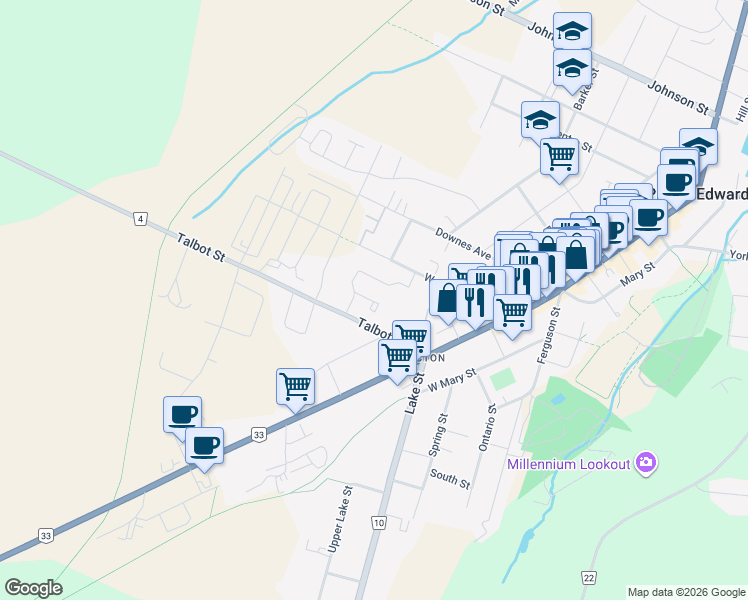map of restaurants, bars, coffee shops, grocery stores, and more near 28 Ackerman Street in Prince Edward