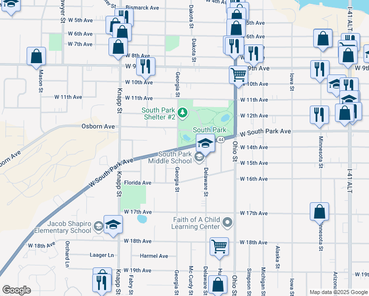 map of restaurants, bars, coffee shops, grocery stores, and more near 755 West South Park Avenue in Oshkosh