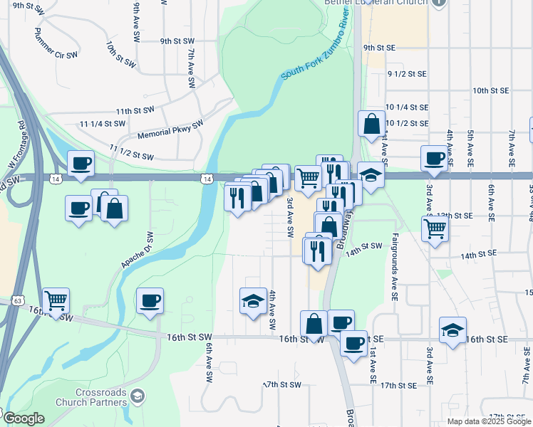 map of restaurants, bars, coffee shops, grocery stores, and more near 420 Crossroads Drive in Rochester