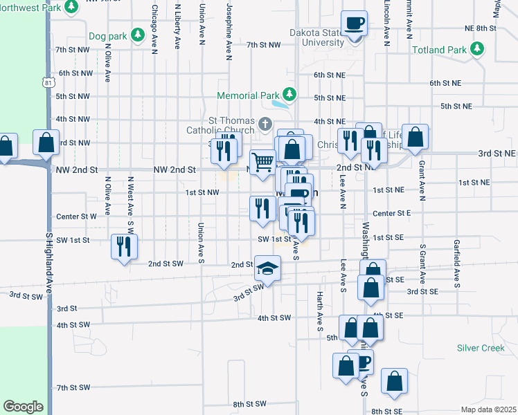 map of restaurants, bars, coffee shops, grocery stores, and more near 210 Center Street West in Madison
