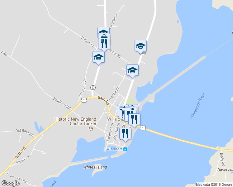 map of restaurants, bars, coffee shops, grocery stores, and more near 2 Hammond Street in Wiscasset