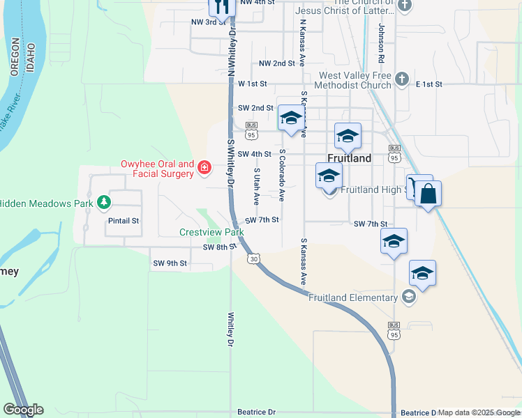 map of restaurants, bars, coffee shops, grocery stores, and more near 614 South Utah Avenue in Fruitland