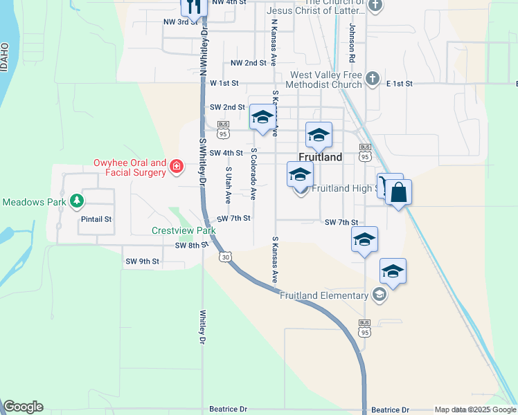map of restaurants, bars, coffee shops, grocery stores, and more near 614 South Colorado Avenue in Fruitland