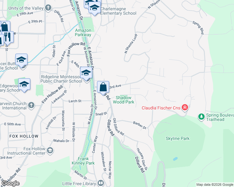 map of restaurants, bars, coffee shops, grocery stores, and more near 1436 East 43rd Avenue in Eugene