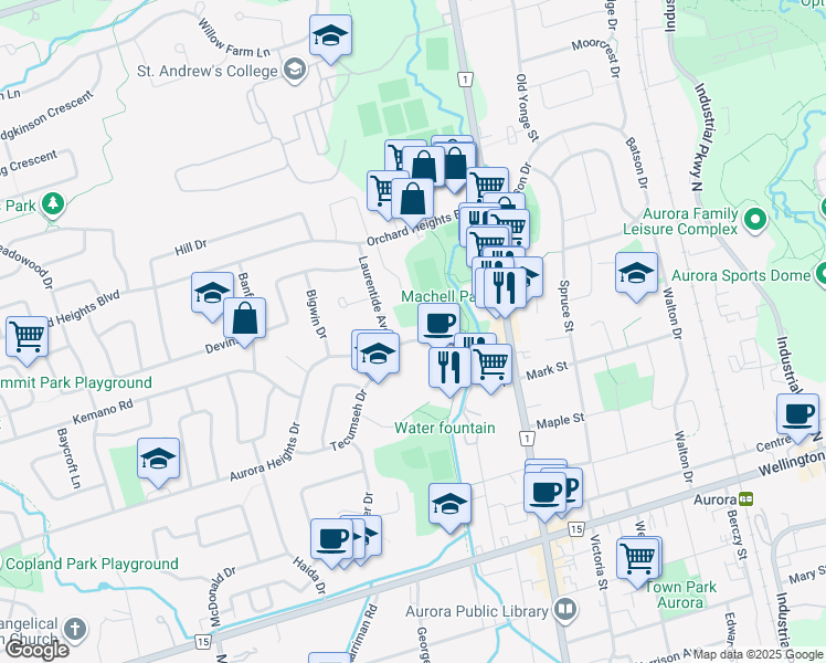 map of restaurants, bars, coffee shops, grocery stores, and more near 8 Aurora Heights Drive in Aurora