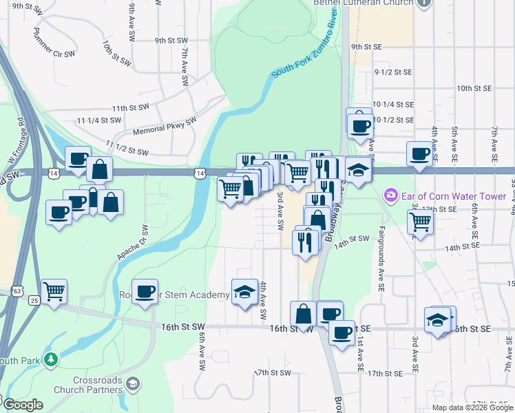 map of restaurants, bars, coffee shops, grocery stores, and more near 1237 4th Avenue Southwest in Rochester