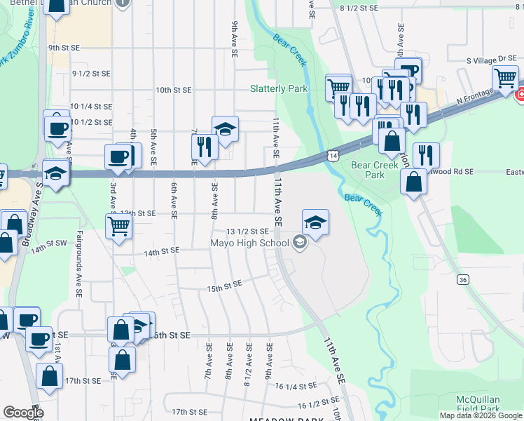 map of restaurants, bars, coffee shops, grocery stores, and more near 1252 10th Avenue Southeast in Rochester