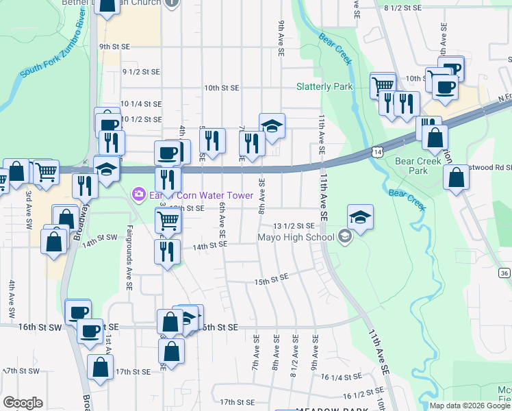 map of restaurants, bars, coffee shops, grocery stores, and more near 1253 8th Avenue Southeast in Rochester