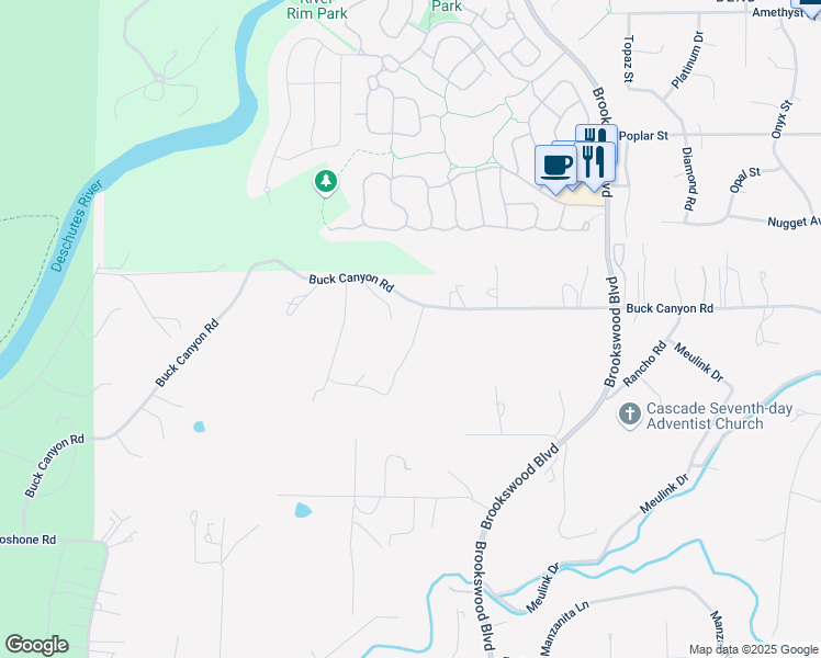 map of restaurants, bars, coffee shops, grocery stores, and more near 19451 Buck Canyon Road in Bend