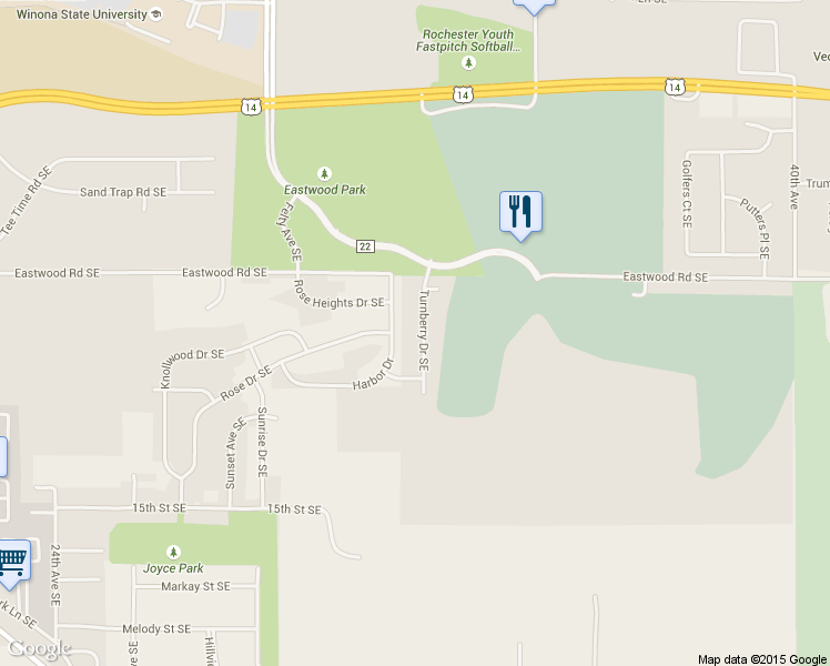 map of restaurants, bars, coffee shops, grocery stores, and more near 1277 Turnberry Drive Southeast in Rochester