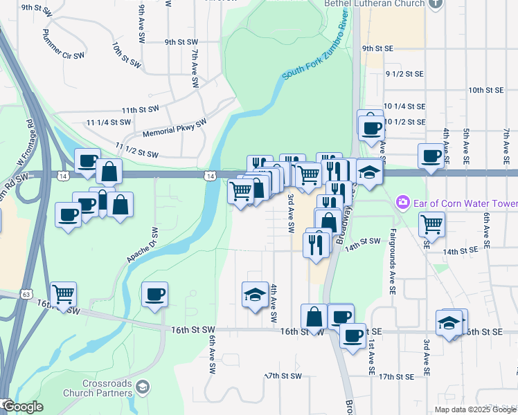 map of restaurants, bars, coffee shops, grocery stores, and more near 420 Crossroads Drive in Rochester